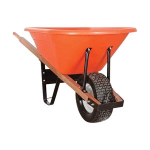 AML Poly Tray Wheelbarrow, Orange 6 cu ft Tray w Wood Handles Flat Free Tire AMLng