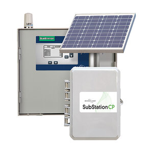 Baseline Remote Master valve and Flow sensor SubStation in IP-68 ruggedized enclosure with integrated Solar power. Includes multi-carrier cellular modem with T-Mobile, AT&T, and Verizon service provider support.