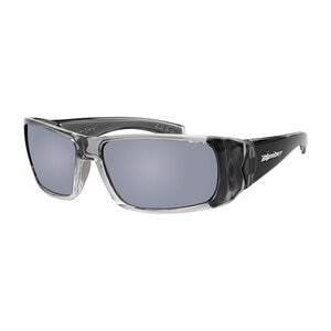 Bomber Safety Glasses 2-Tone Crystal Smoke Frame Silver Mirror Lens Gray Foam