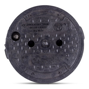 RECTANGULAR BLK BODY AND LID W/BOLT RECLAIMED WATER DO NOT DRNK ENGLISH AND SPANISH WITH INTERNATIONAL SYMBOL