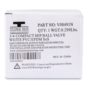 3/4 PVC White Ball Valve Slip 491 Commercial Blue Handle Colonial Lasco