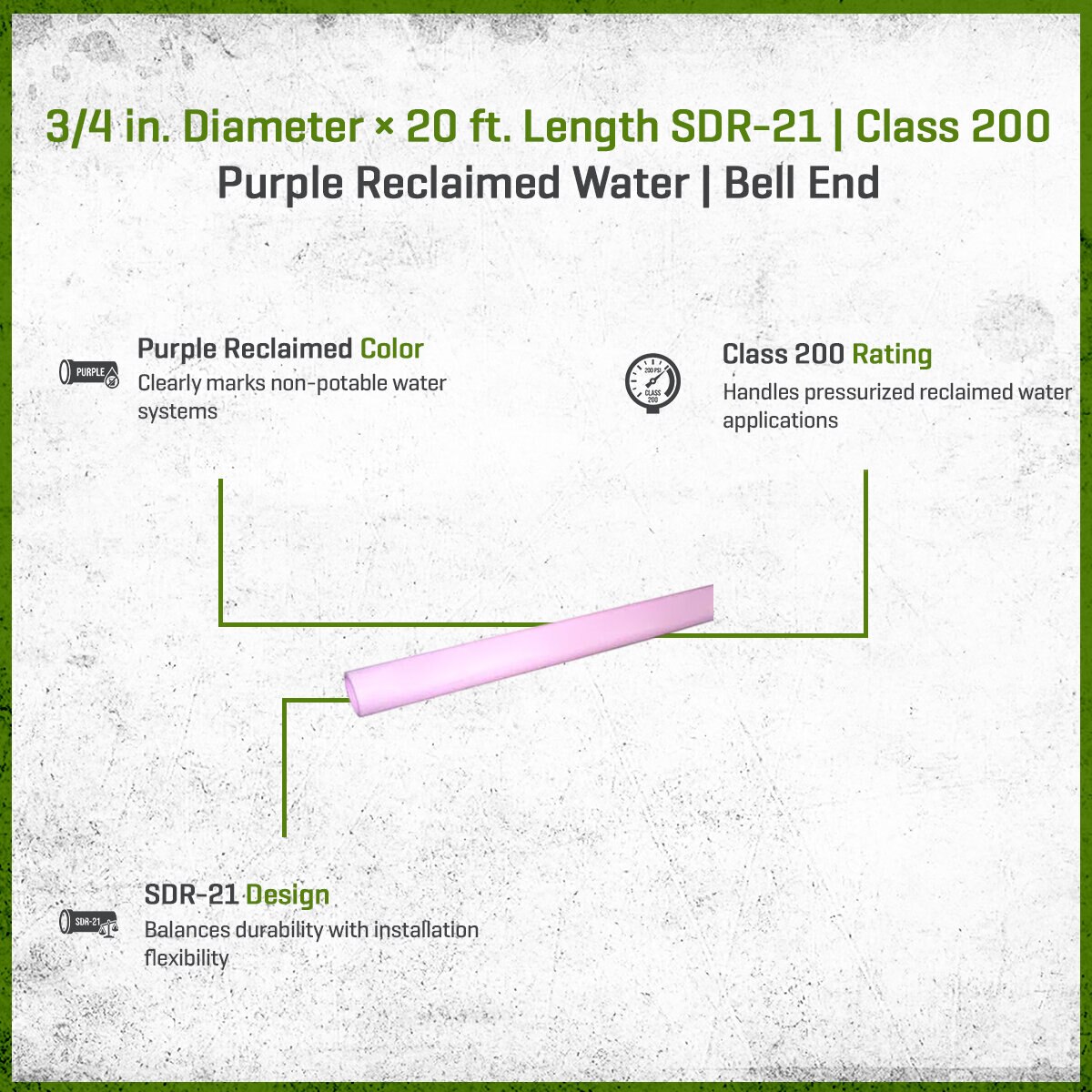 PVC Purple Reclaimed Pipe 3/4 in. x 20 ft. SDR-21 (CL 200) Bell End ...