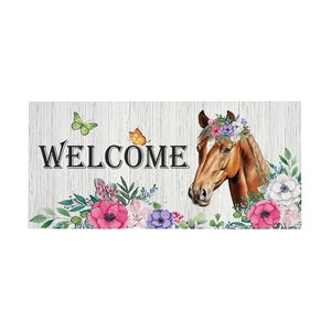 Evergreen Sassafras Switch Door Mat Floral Horse Welcome 22 in. x 10 in.