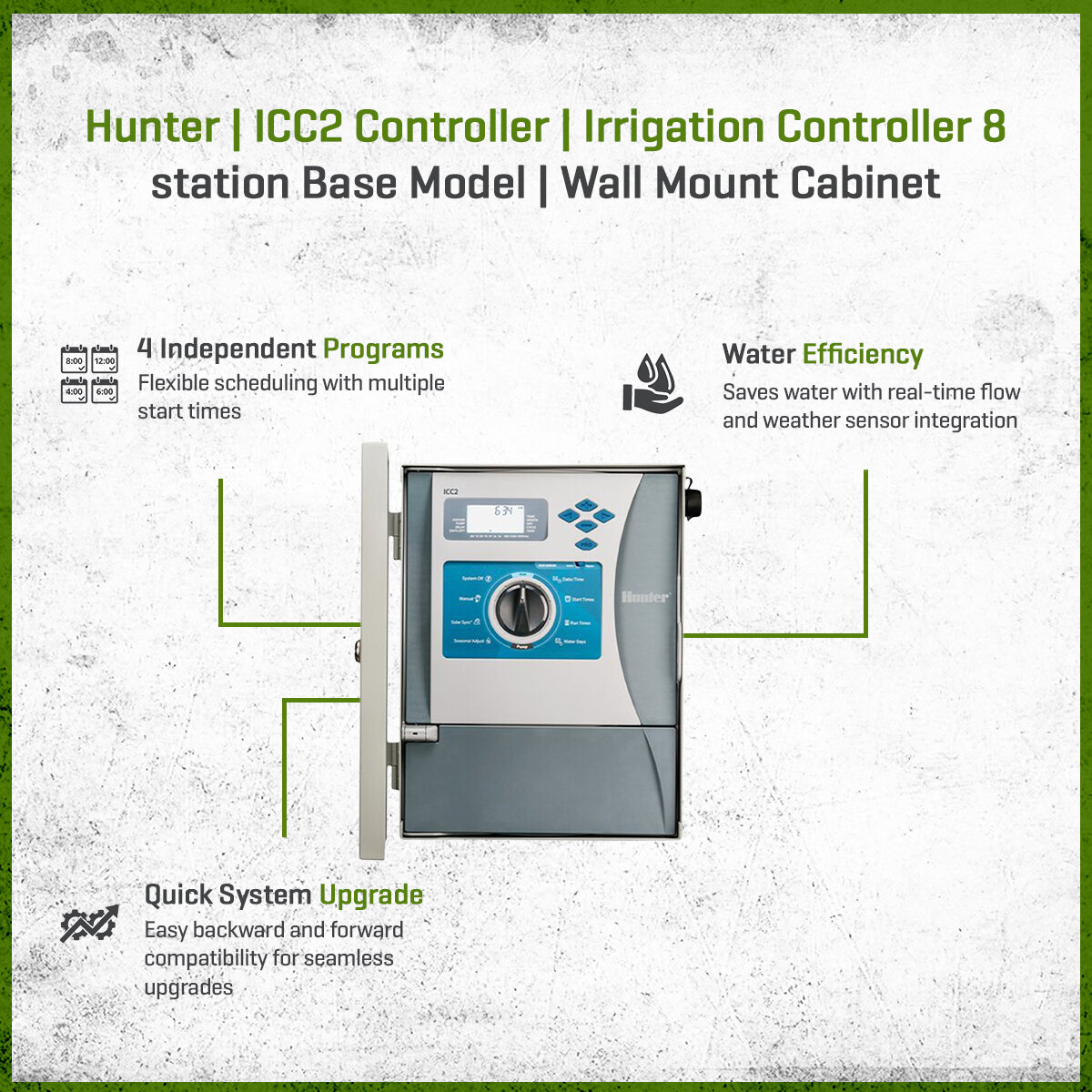 Hunter ICC2 Controller with flow, 8-station base model, gray metal wall ...