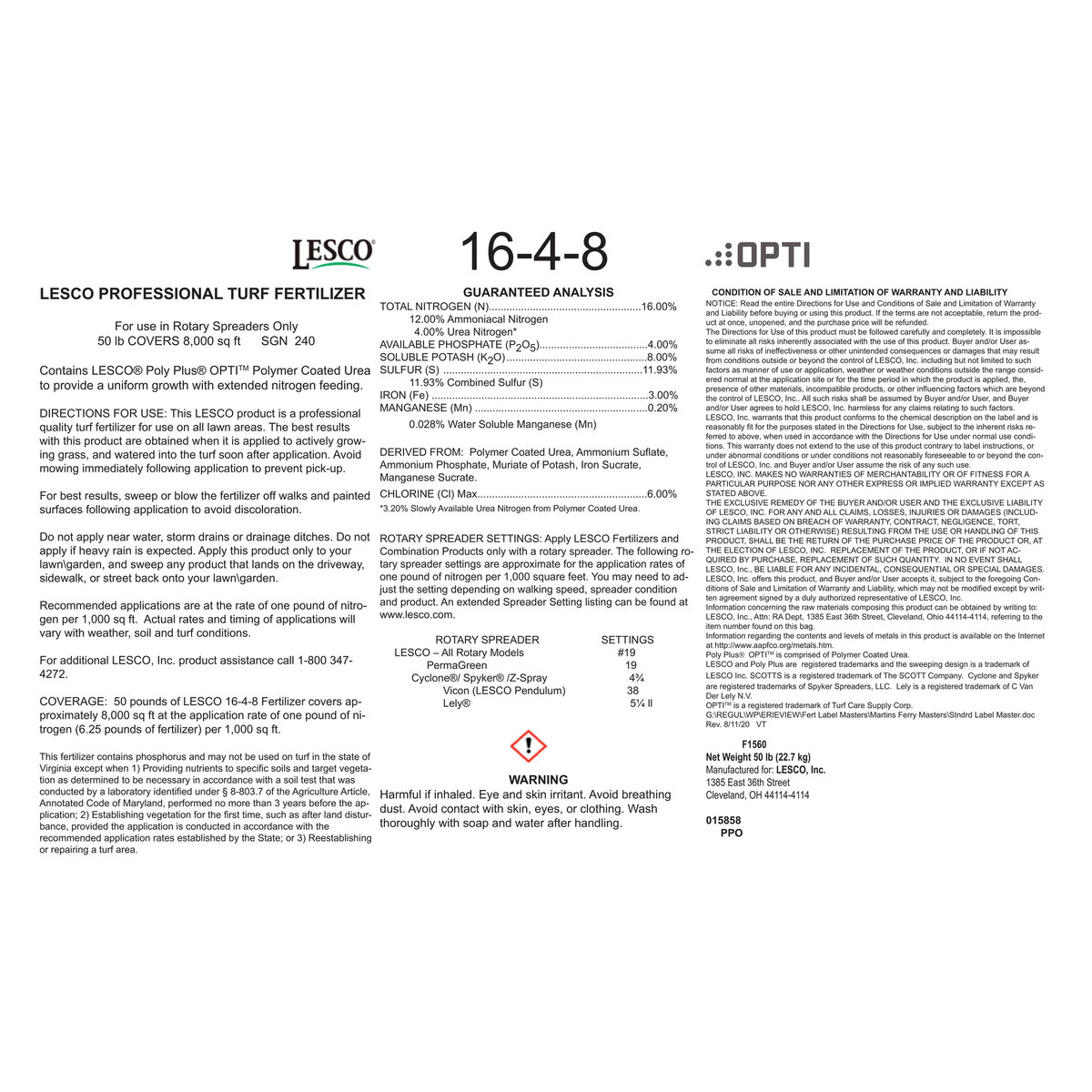 LESCO 16-4-8 AM 3% Fe 0.2% Mn PC Urea AS AP MOP IS MS Turfgrass ...