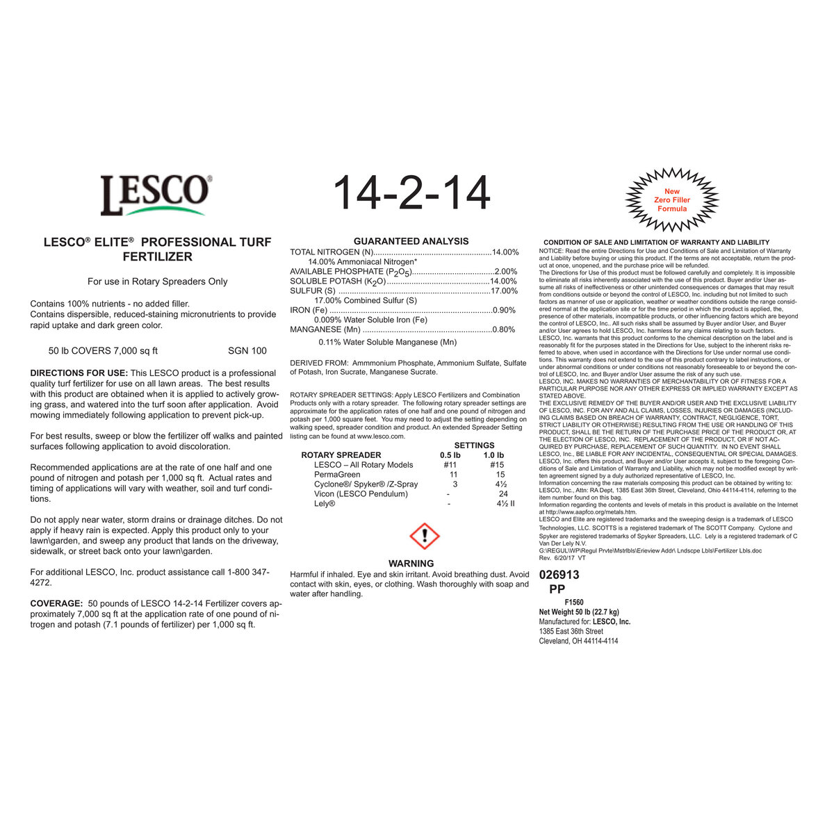 LESCO 14-2-14 97% AS 17% S 0.90% Fe 0.80% Mg AP AS SOP IS MS Turfgrass ...