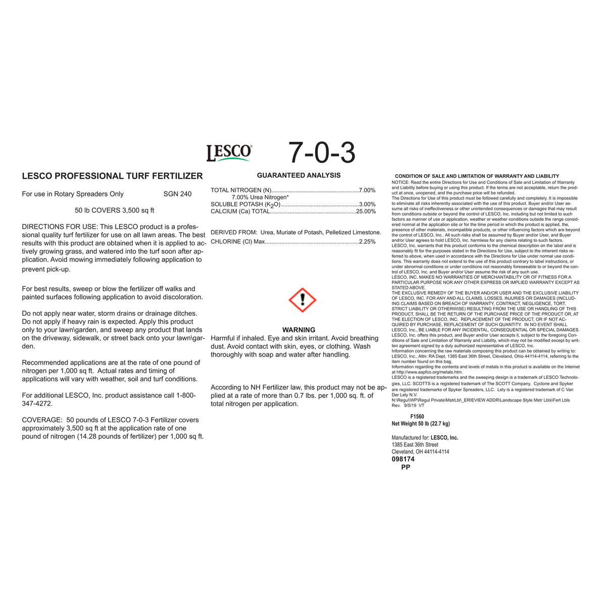LESCO 7-0-3 AM 25% Ca Urea Muriate of Potash Pelletized Limestone ...