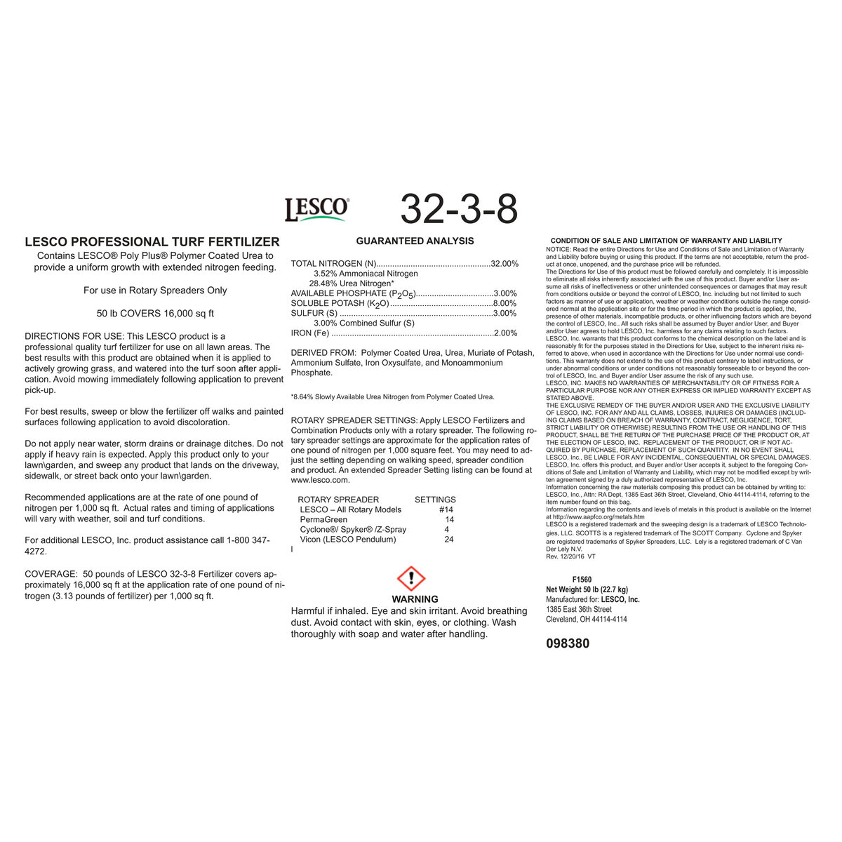 LESCO 32-3-8 30% PolyPlus OPTI 2% Fe 3% S MOP AS Turfgrass Granular ...