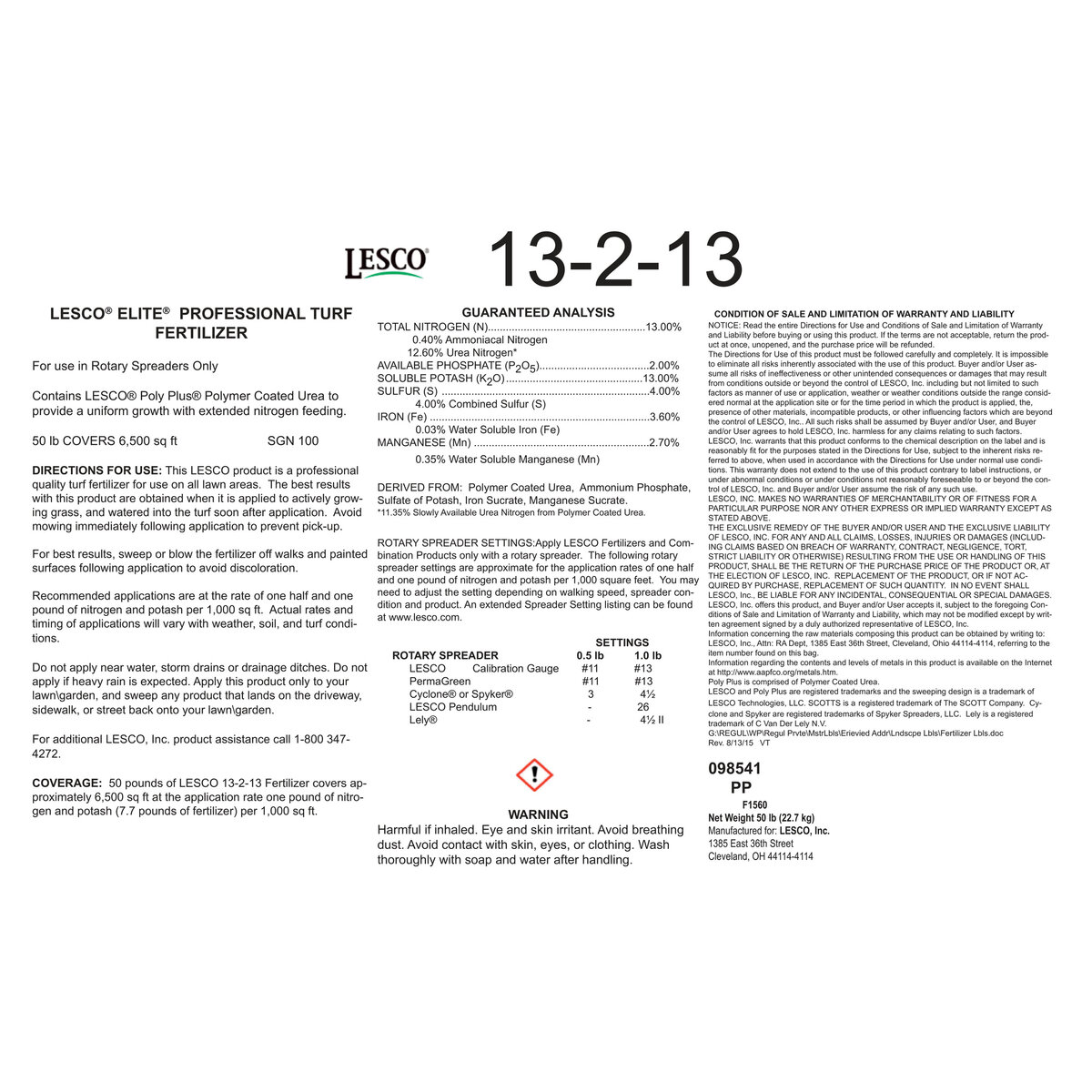 LESCO 13-2-13 97% PolyPlus 3.6% Fe 2.7% Mn 2.7% Mn AP SOP IS MS ...
