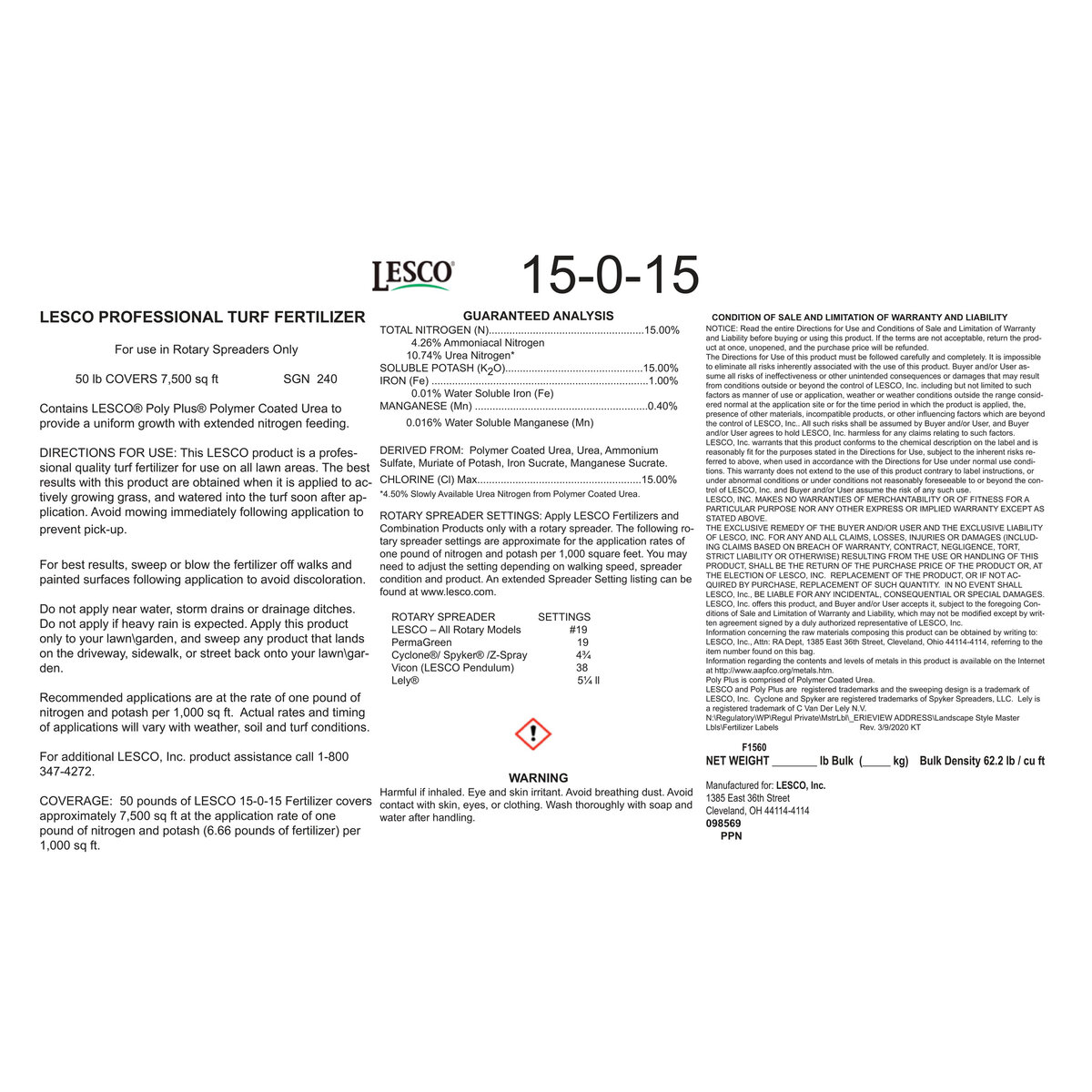 LESCO 15-0-15 40% NOS 1% Fe 0.4% Mn Urea AS MOP IS MS Turfgrass ...