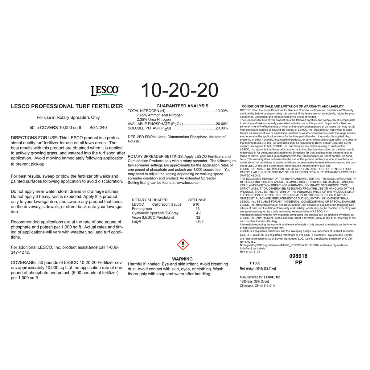 LESCO 10-20-20 AM Urea, Diammonium Phosphate, Muriate of Potash ...