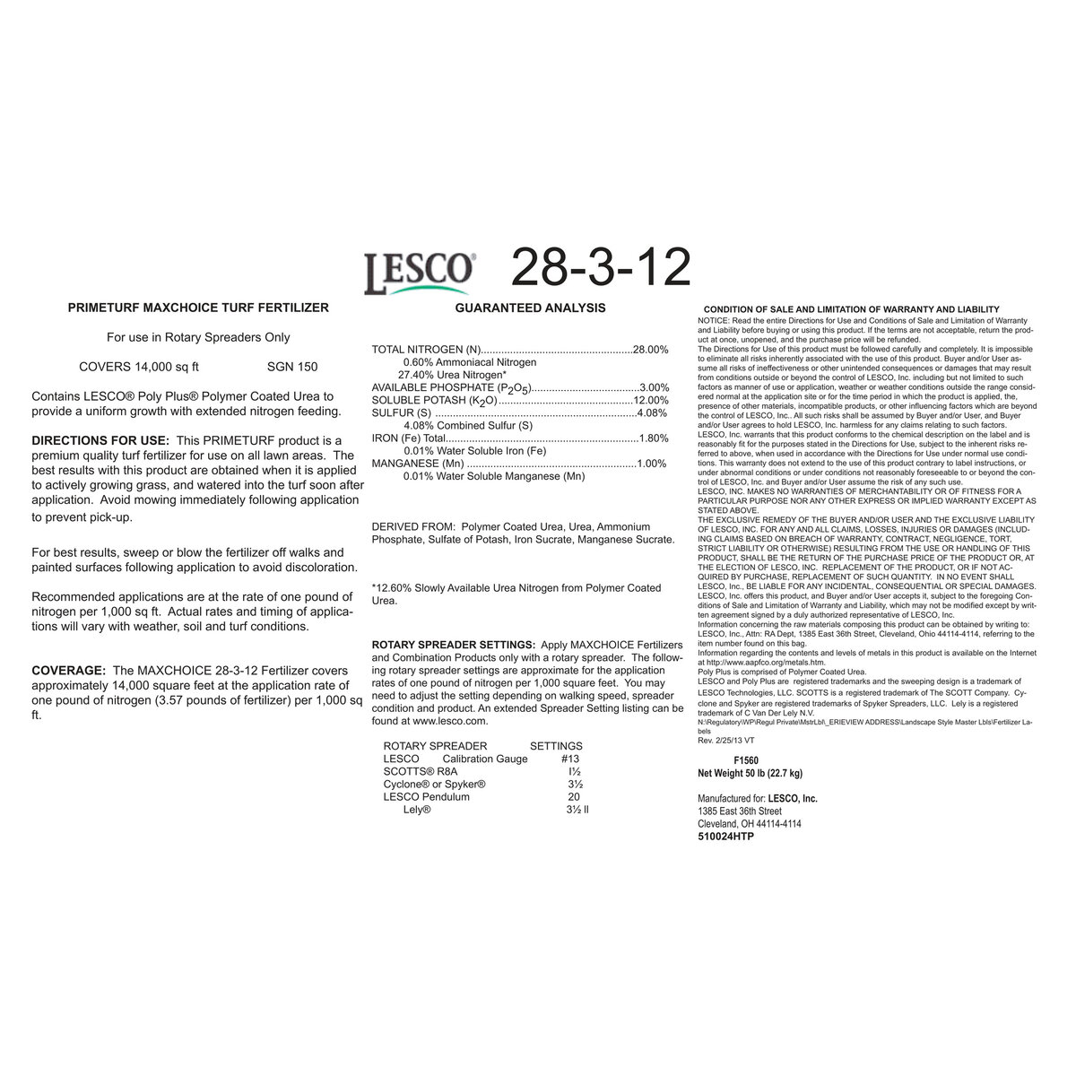 LESCO 28-3-12 50% PolyPlus OPTI45 1.8% Fe 1% Mn PC Urea Urea AP SOP IS ...