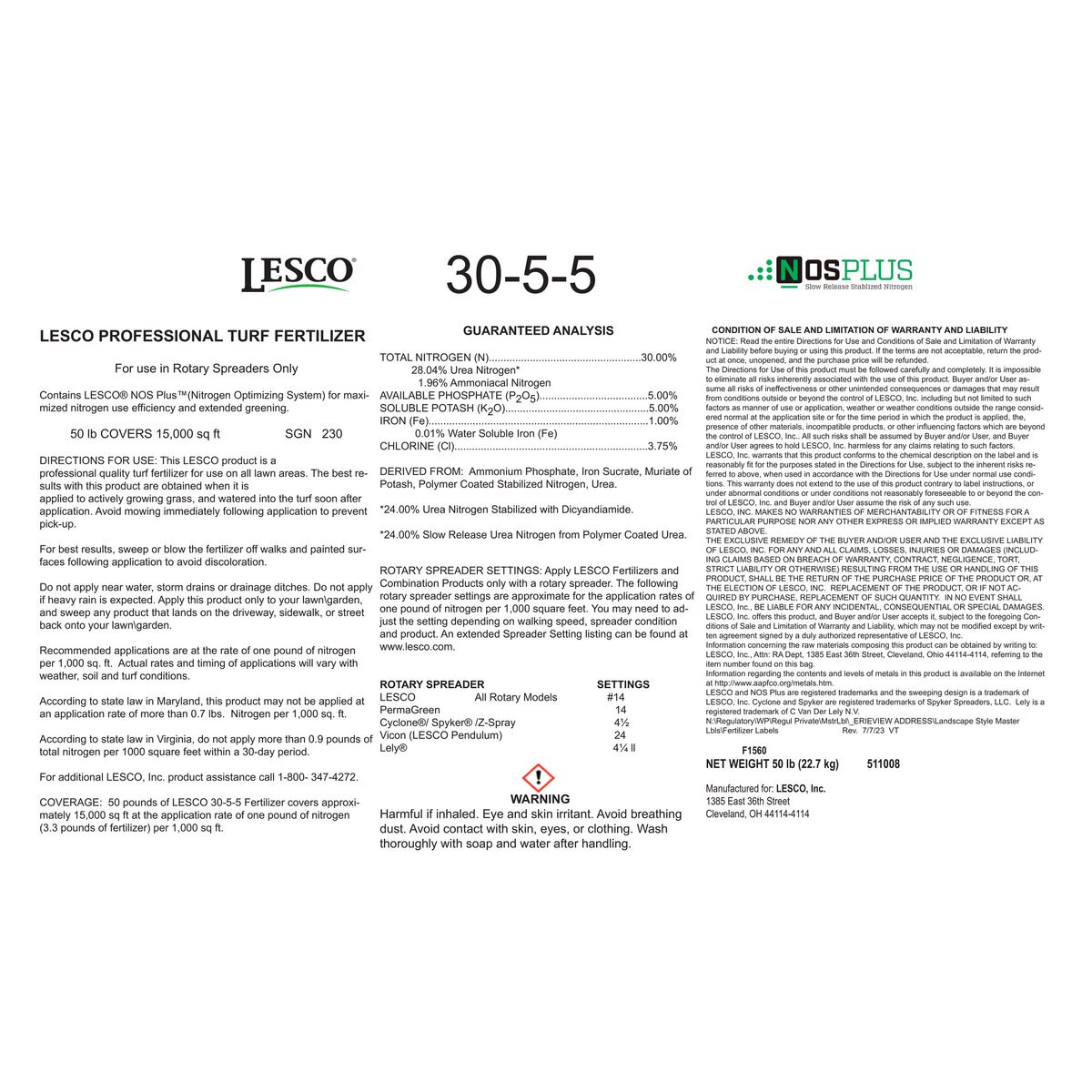 LESCO 30-5-5 80% NOS Plus 1%Fe MOP Turfgrass Granular Fertilizer 50 lb ...