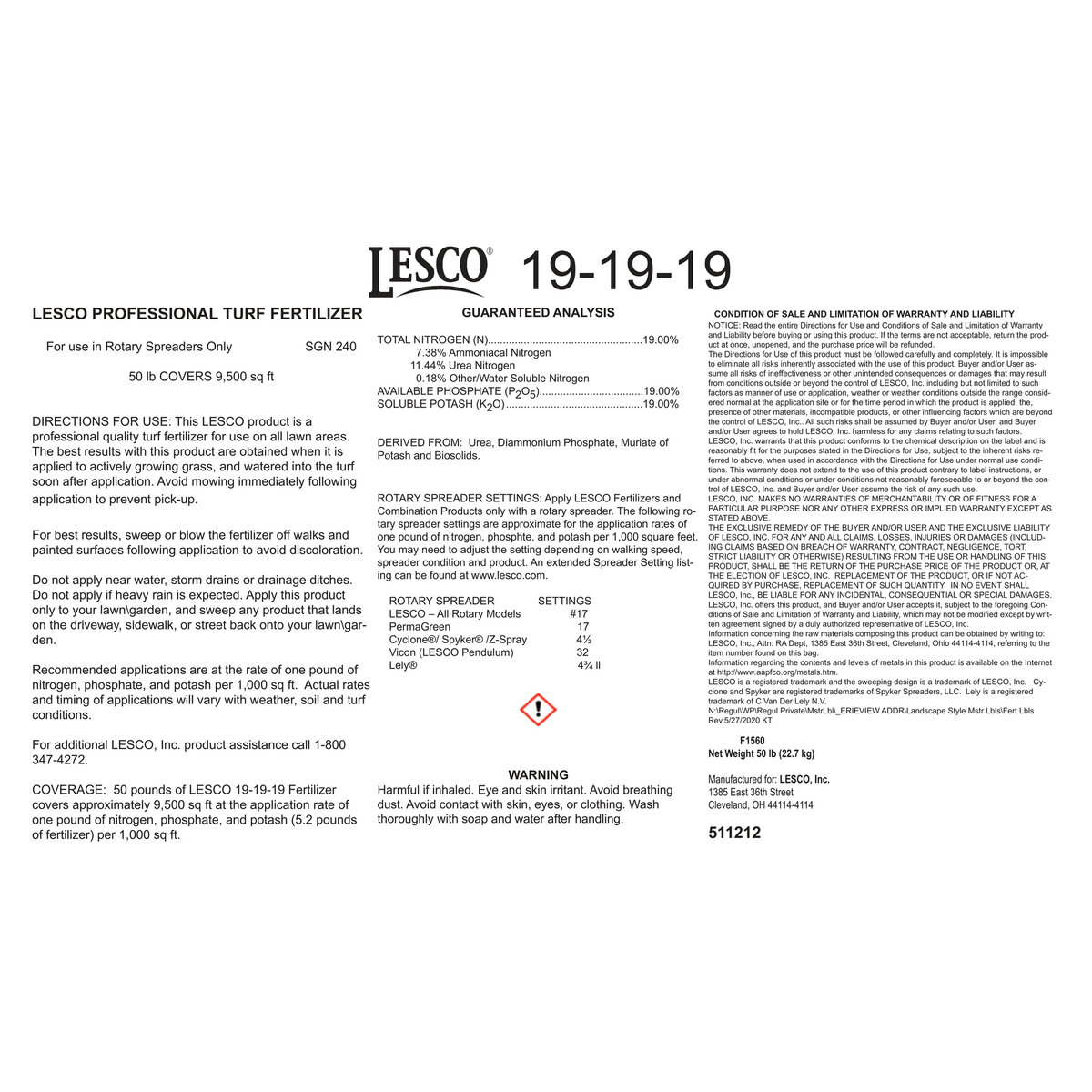 LESCO 19-19-19 AM BIO MOP Turfgrass Granular Fertilizer 50 lb. Bag ...