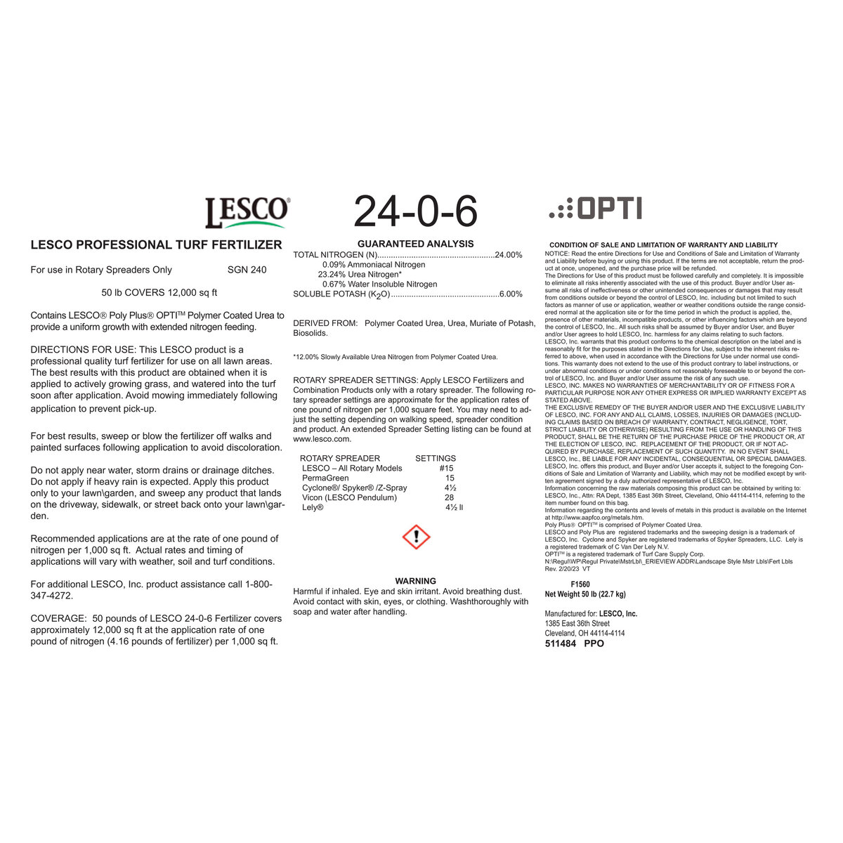 LESCO 24-0-6 50% PolyPlus OPTI BIO MOP Turfgrass Granular Fertilizer 50 ...