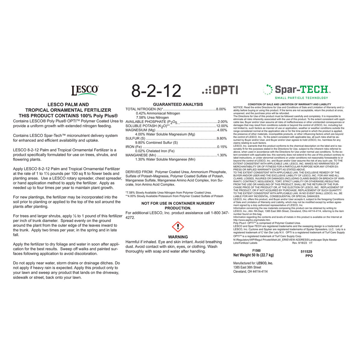 LESCO 8-2-12 100% PolyPlus OPTI45 Spar-TECH 4% Mg 1.3% Mn PCSOP KMAG ...