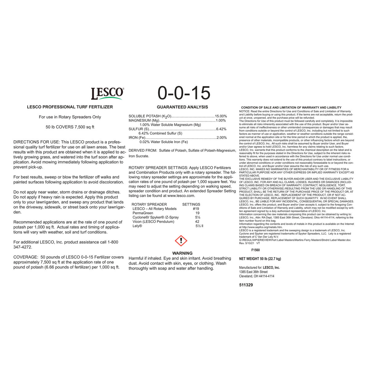LESCO 0-0-15 AM 2% Fe 1% Mg KMAG SOP Turfgrass Granular Fertilizer 50 ...