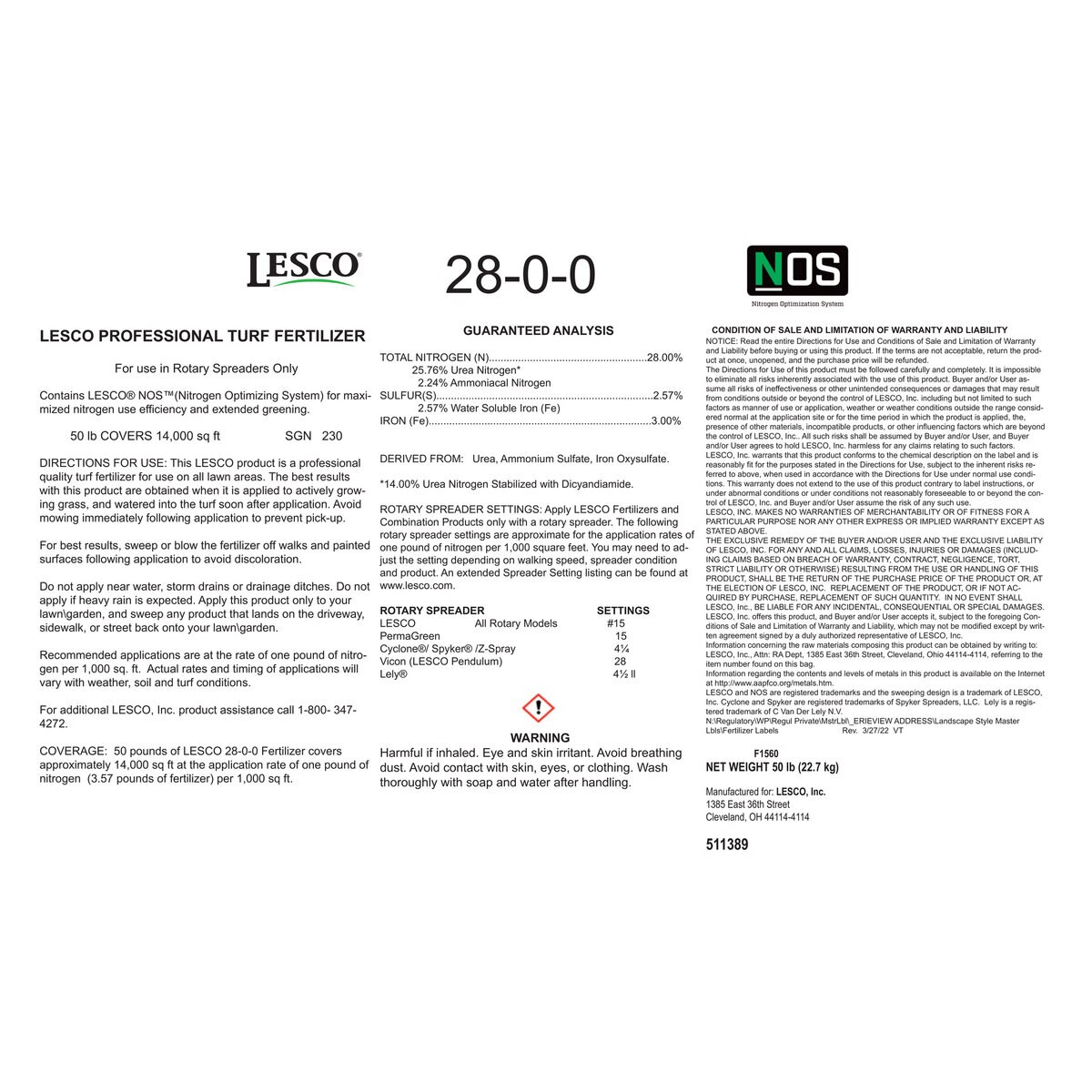 LESCO 28-0-0 50% NOS AS 3% Fe Turfgrass Granular Fertilizer 50 lb. Bag ...
