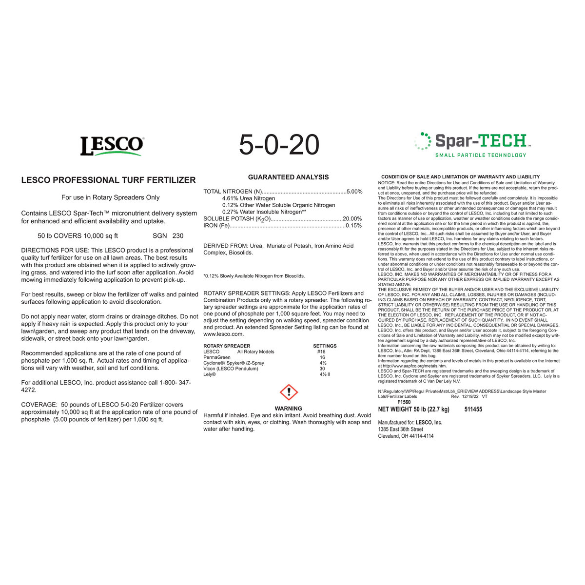 LESCO 5-0-20 AM Spar-TECH 0.15% Fe Turfgrass Granular Fertilizer 50 lb ...