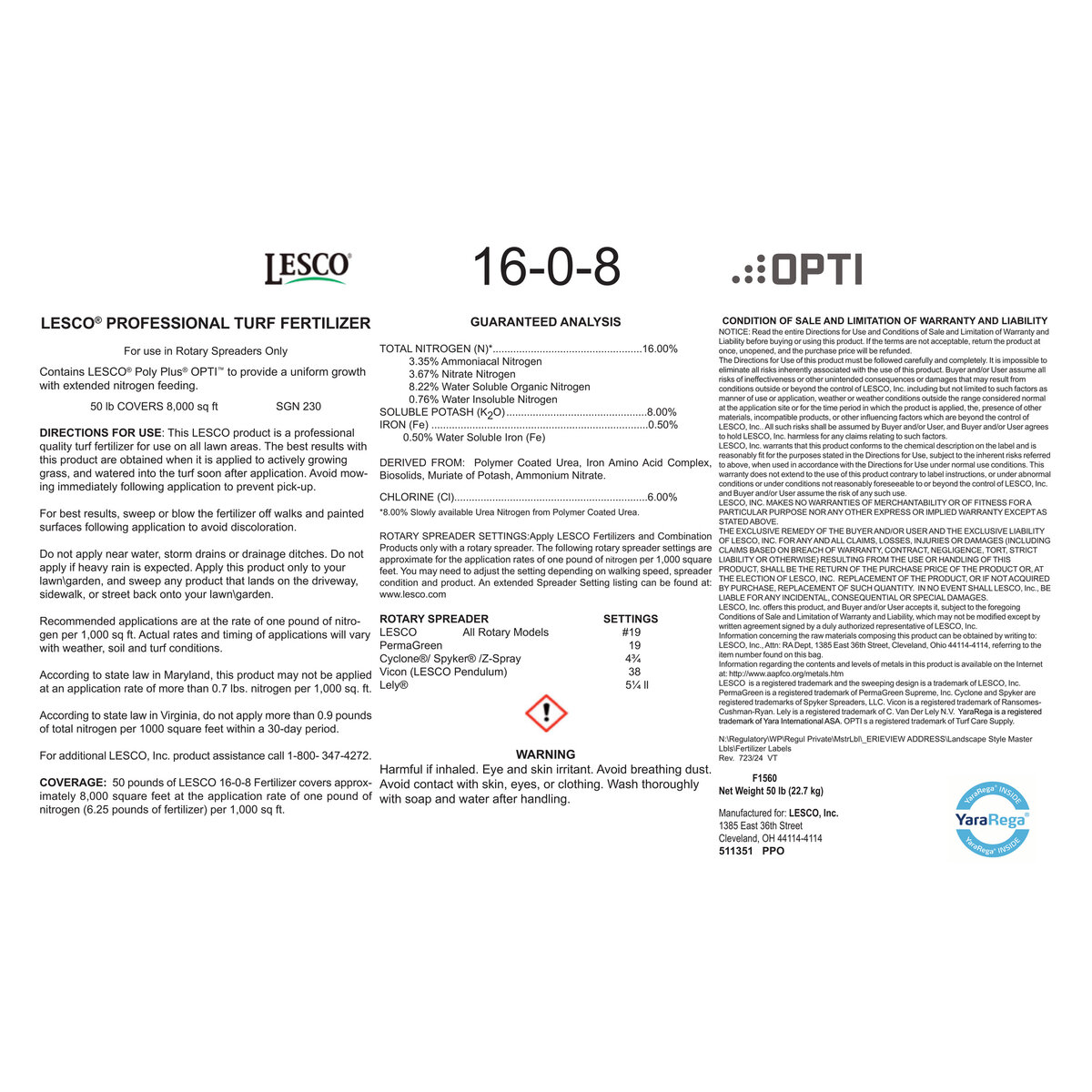 LESCO 16-0-8 50% PolyPlus OPTI BIO 0.5% Fe MOP Turfgrass Granular ...