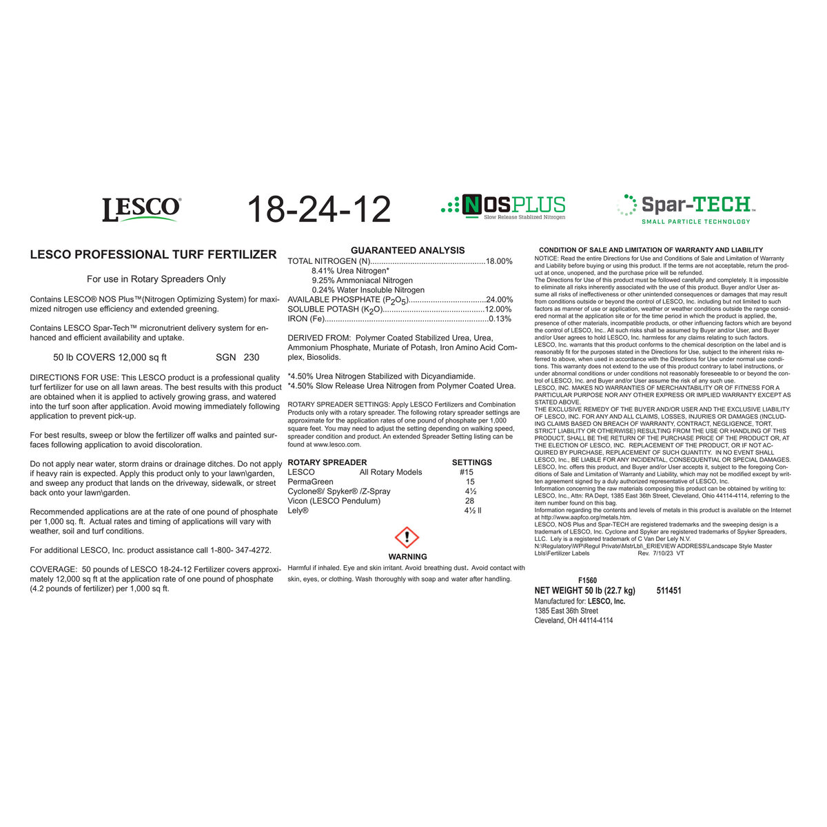 LESCO 18-24-12 25% NOS Plus Spar-TECH 0.13% Fe Turfgrass Granular ...