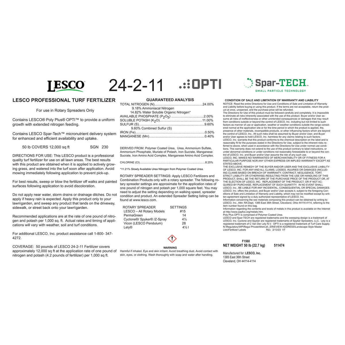 LESCO 24-2-11 50% PolyPlus OPTI45 35% AS Spar-TECH 0.5%Fe 0.4%Mn MOP ...