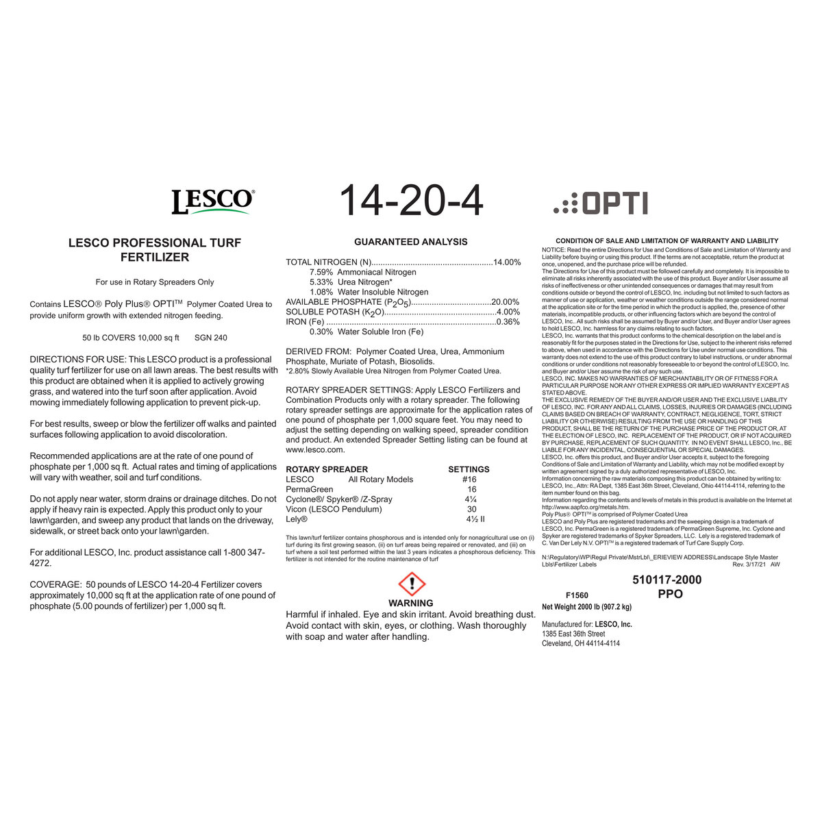 LESCO 14-20-4 20% PolyPlus 30% BIO 0.36% Fe MOP Starter Granular ...