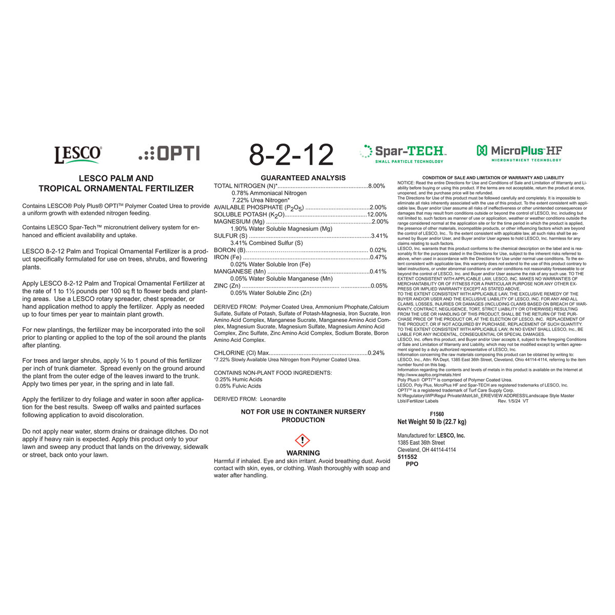 LESCO 8-2-12 90% Polyplus OPTI45 Spar-TECH KMAG SOP Palm & Tropical ...