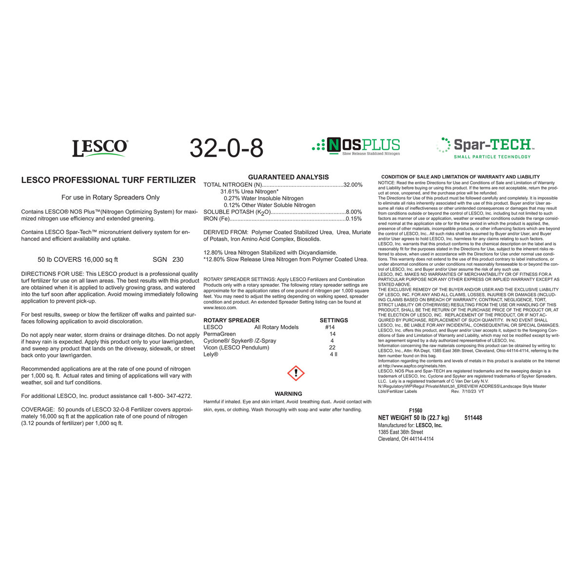 LESCO 32-0-8 40% NOS Plus BIO Spar-TECH 0.15% Fe MOP Turfgrass Granular ...