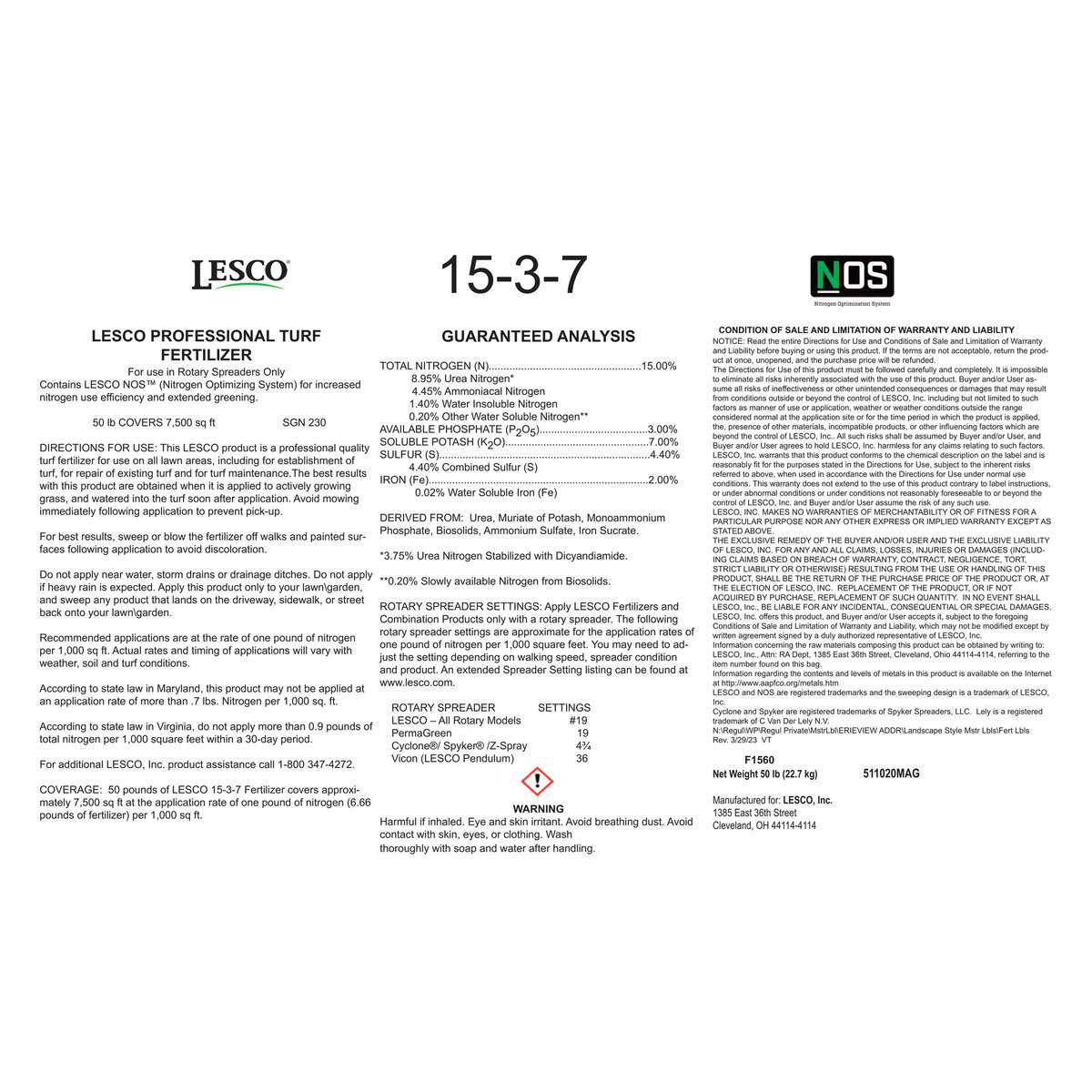 LESCO 15-3-7 25% NOS 25% AS 2% Fe 4.4% S Urea MOP MonoAPBIO AS IS ...