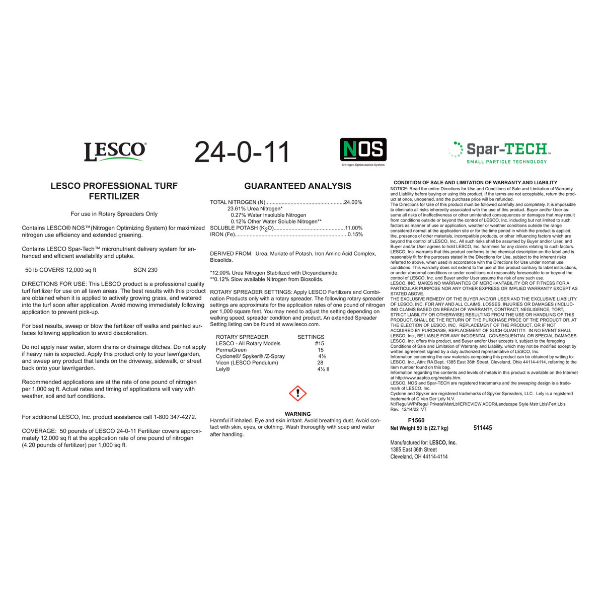 LESCO 24-0-11 50% NOS BIO Spar-TECH 0.15% Fe MOP Turfgrass Granular ...