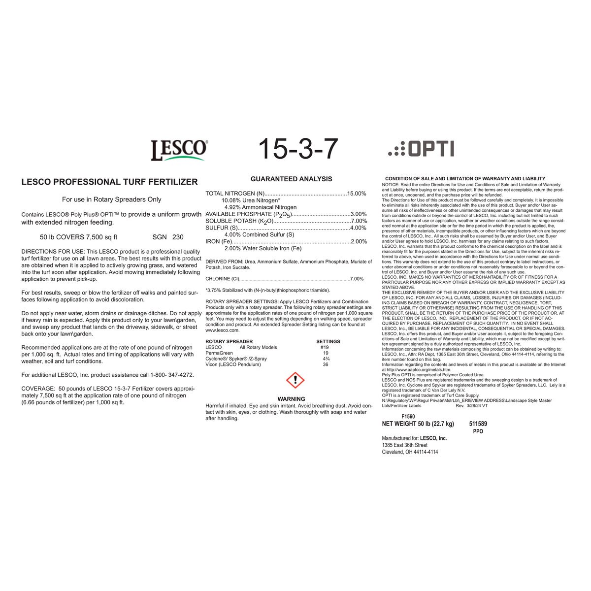 LESCO 15-3-7 25% SN 25% AS Bio 2% Fe MOP Turfgrass Granular Fertilizer ...