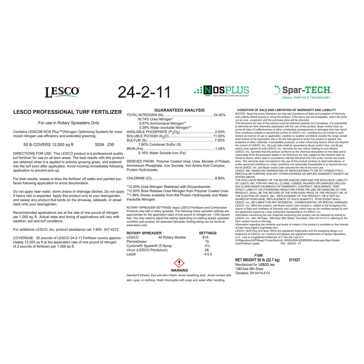 LESCO 24-2-11 50% NOS Plus Spar-TECH 1.08%Fe MOP Turfgrass Granular ...