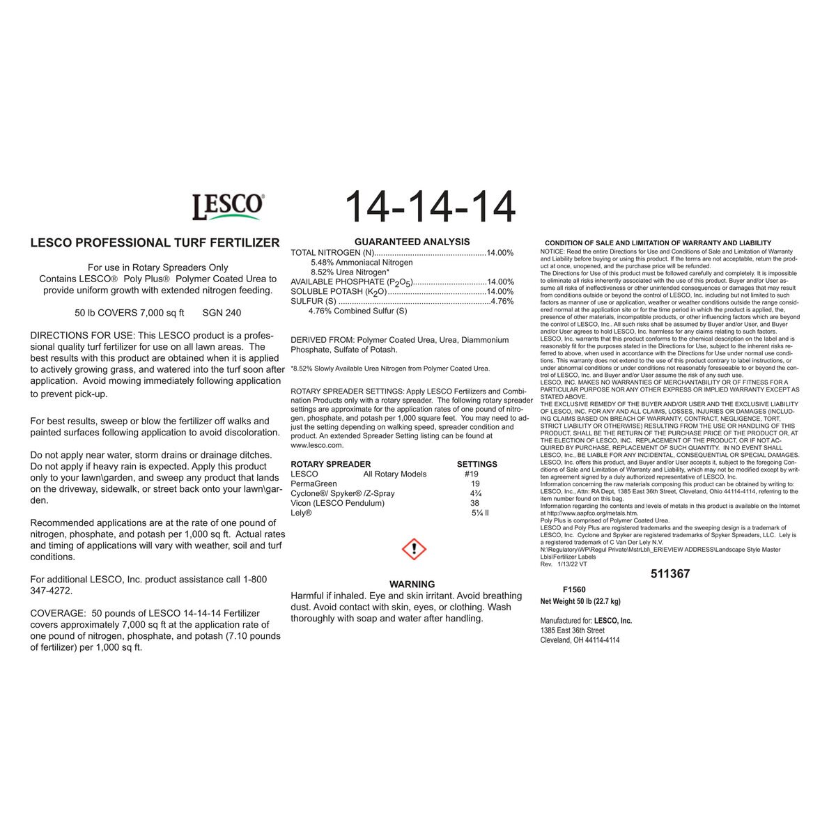 LESCO 14-14-14 61% PolyPlus 0.45%Fe 0.45%Mn SOP Turfgrass Granular ...