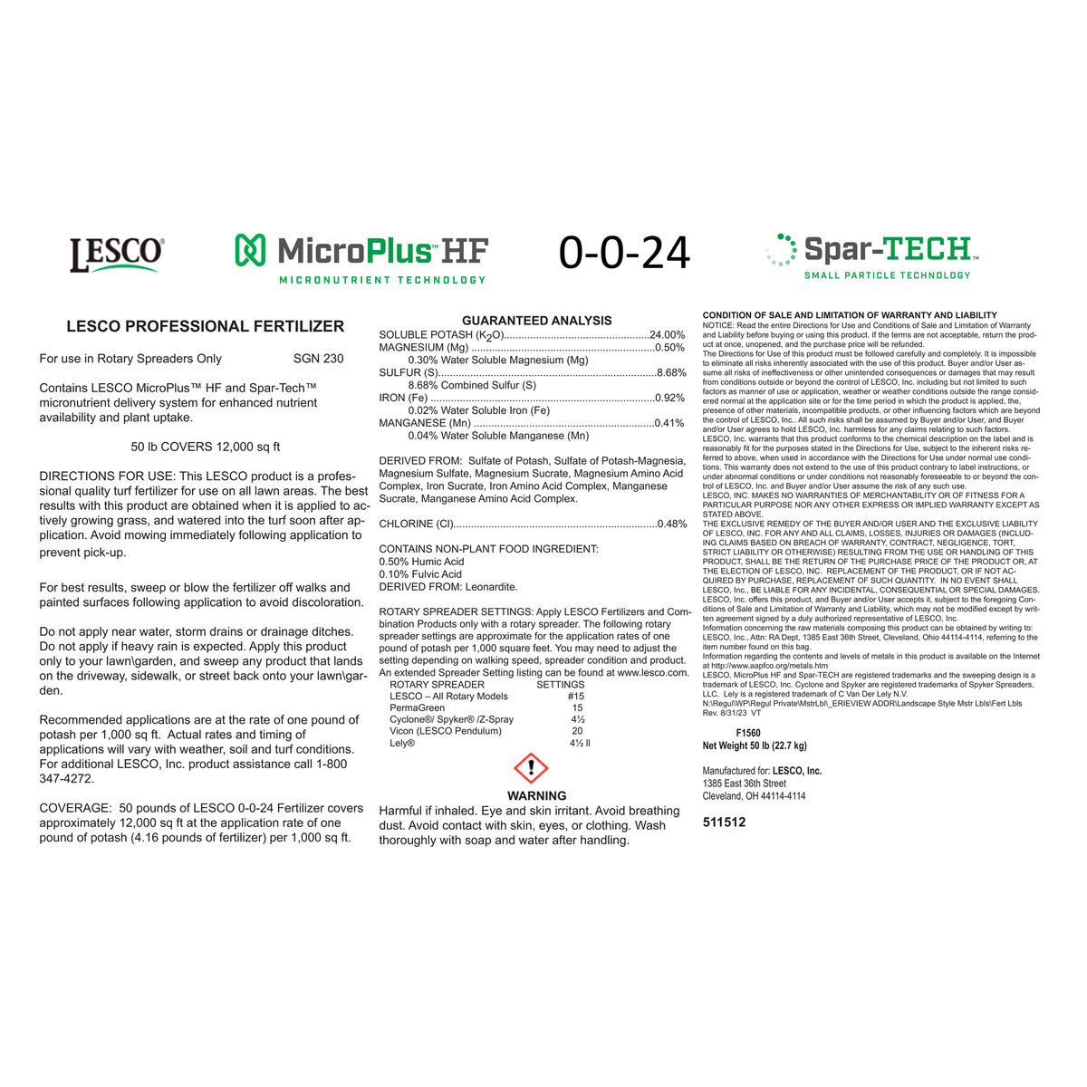 LESCO Black Out 0-0-24 AM Spar-TECH 0.92% Fe 0.50% Mg 0.41% Mn 0.5% 8. ...