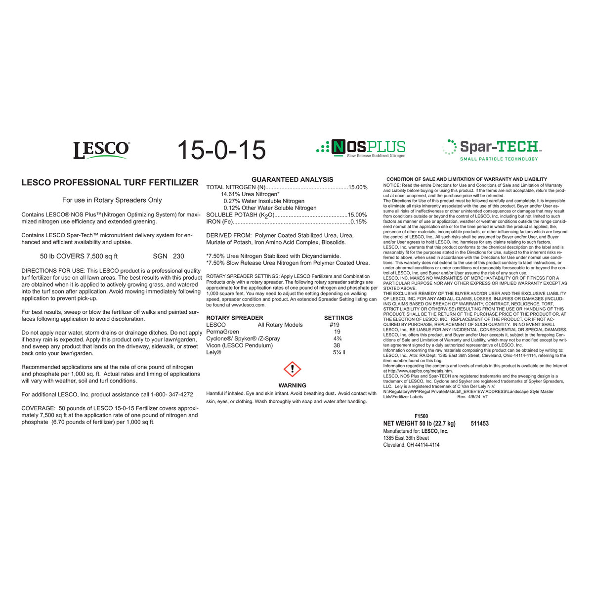 LESCO 15-0-15 50% NOS Plus Spar-TECH 0.15% Fe MOP BIO Turfgrass ...