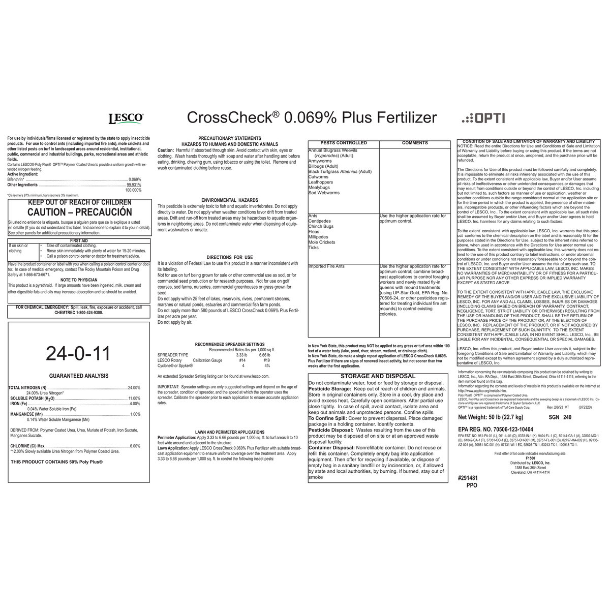 LESCO Crosscheck 0.069% 24-0-11 50% PolyPlus OPTI45 4Fe 1Mn Insecticide ...