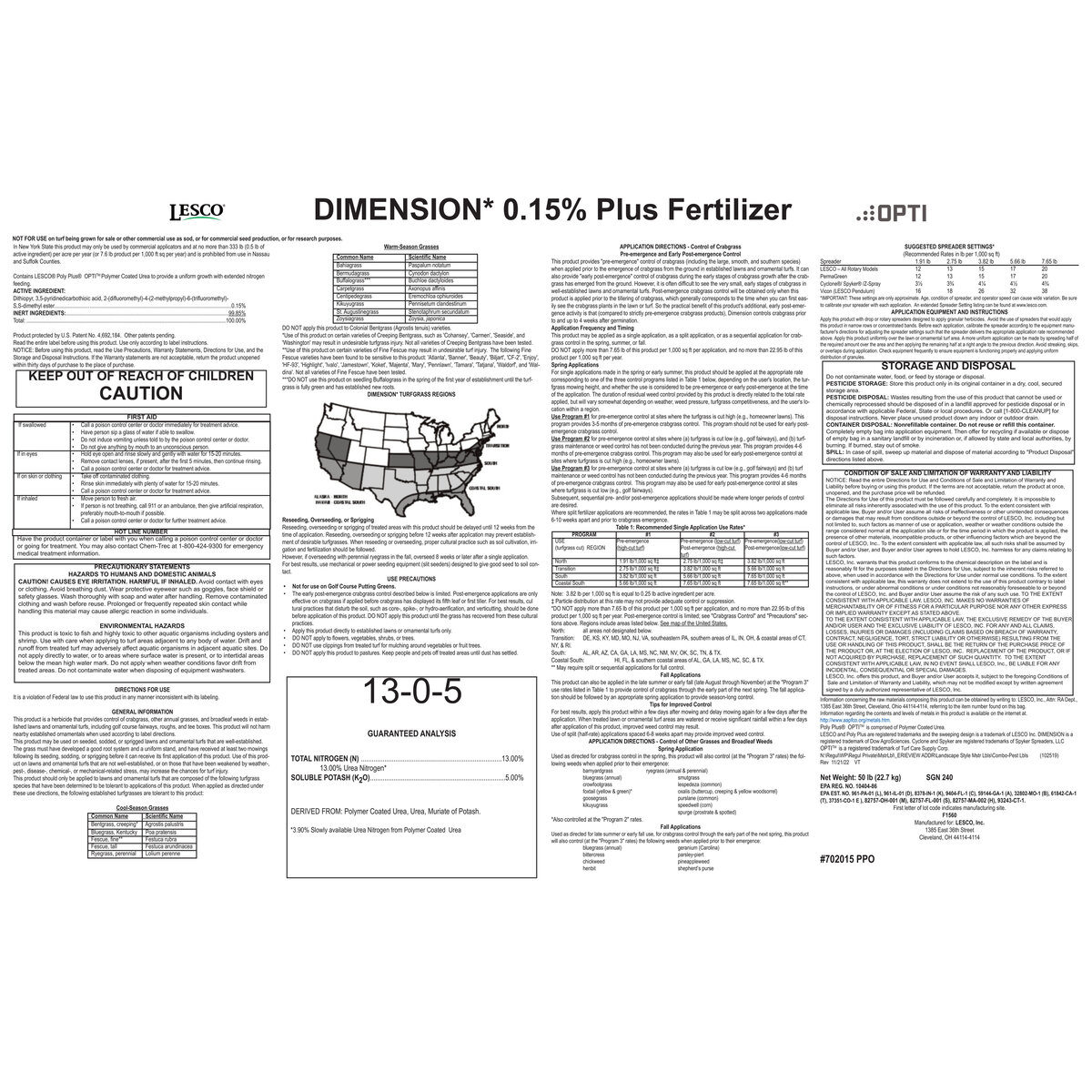 LESCO Dimension 0.15% 13-0-5 30% PolyPlus OPTI45 MOP Pre-Emergent ...