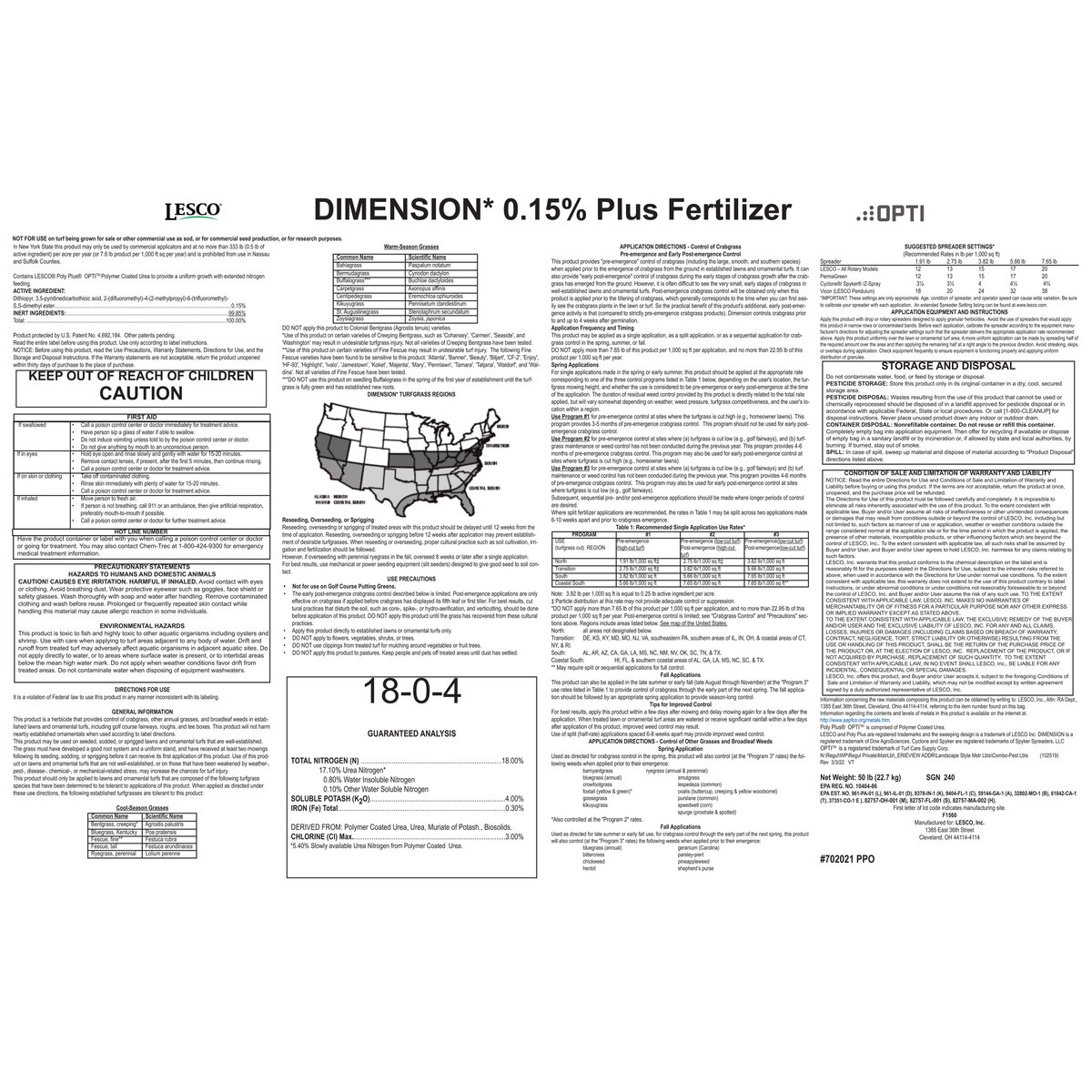 LESCO Dimension 0.15% 18-0-4 30% PolyPlus 25% BIO 0.3%Fe 3%Cl MOP Pre ...