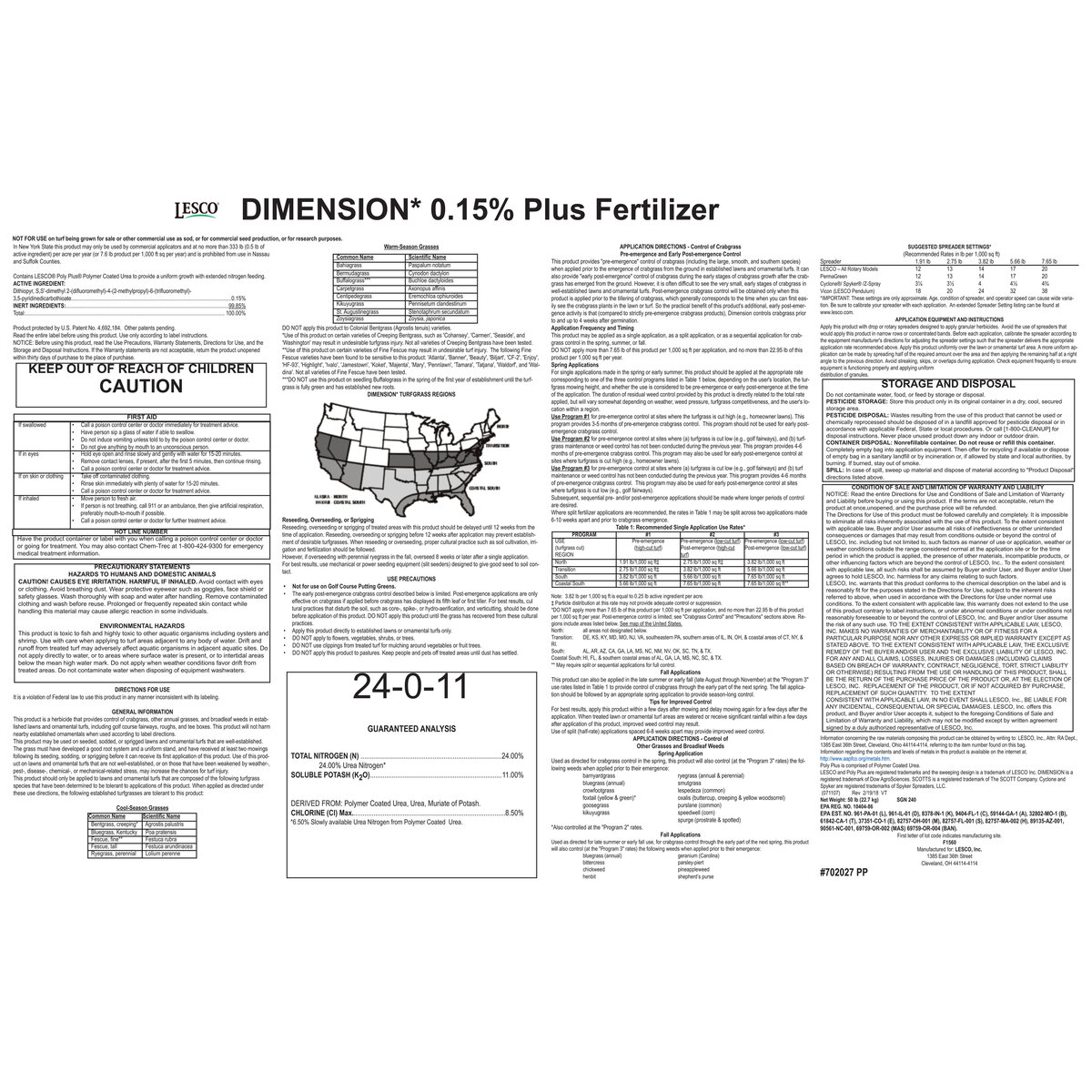 LESCO Dimension 0.15% 24-0-11 30% PolyPlus OPTI45 8.5%Cl MOP Pre ...