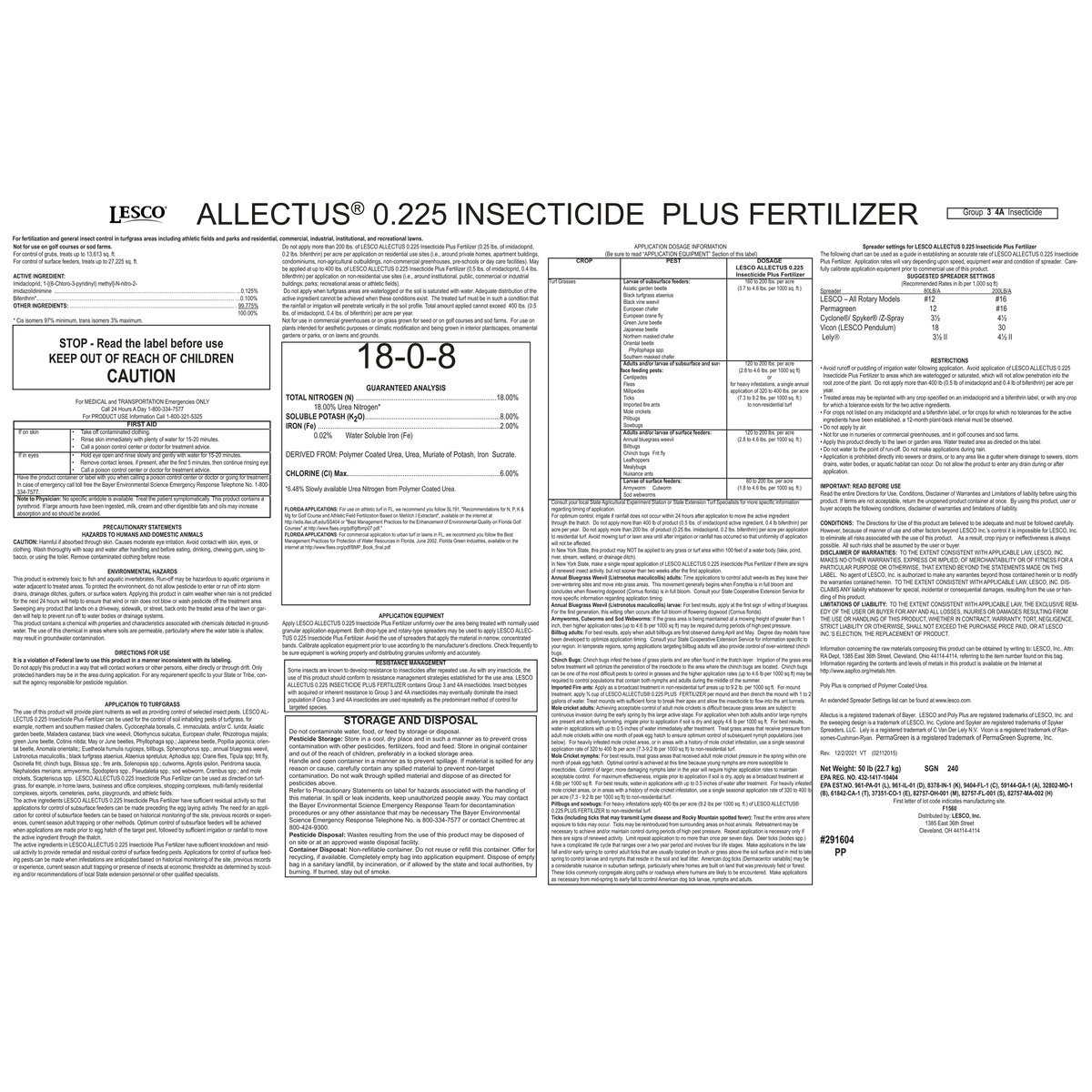 LESCO Fertilizer plus Insecticide: Allectus 0.225% 18-0-8 40%