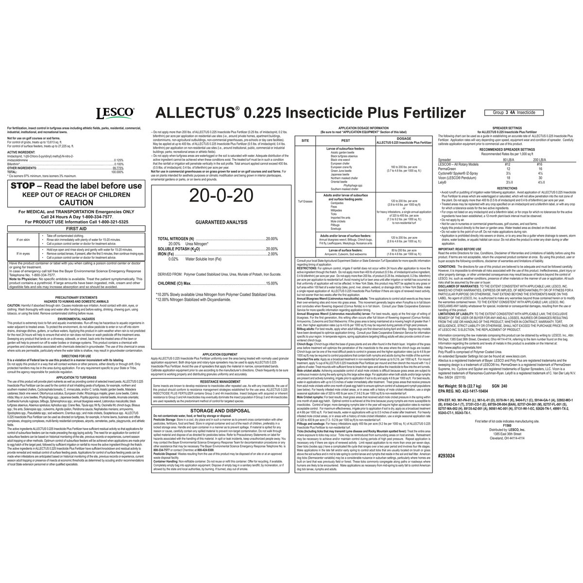 LESCO Allectus 0.225% 20-0-20 60%NOS Plus 2Fe Insecticide Plus ...