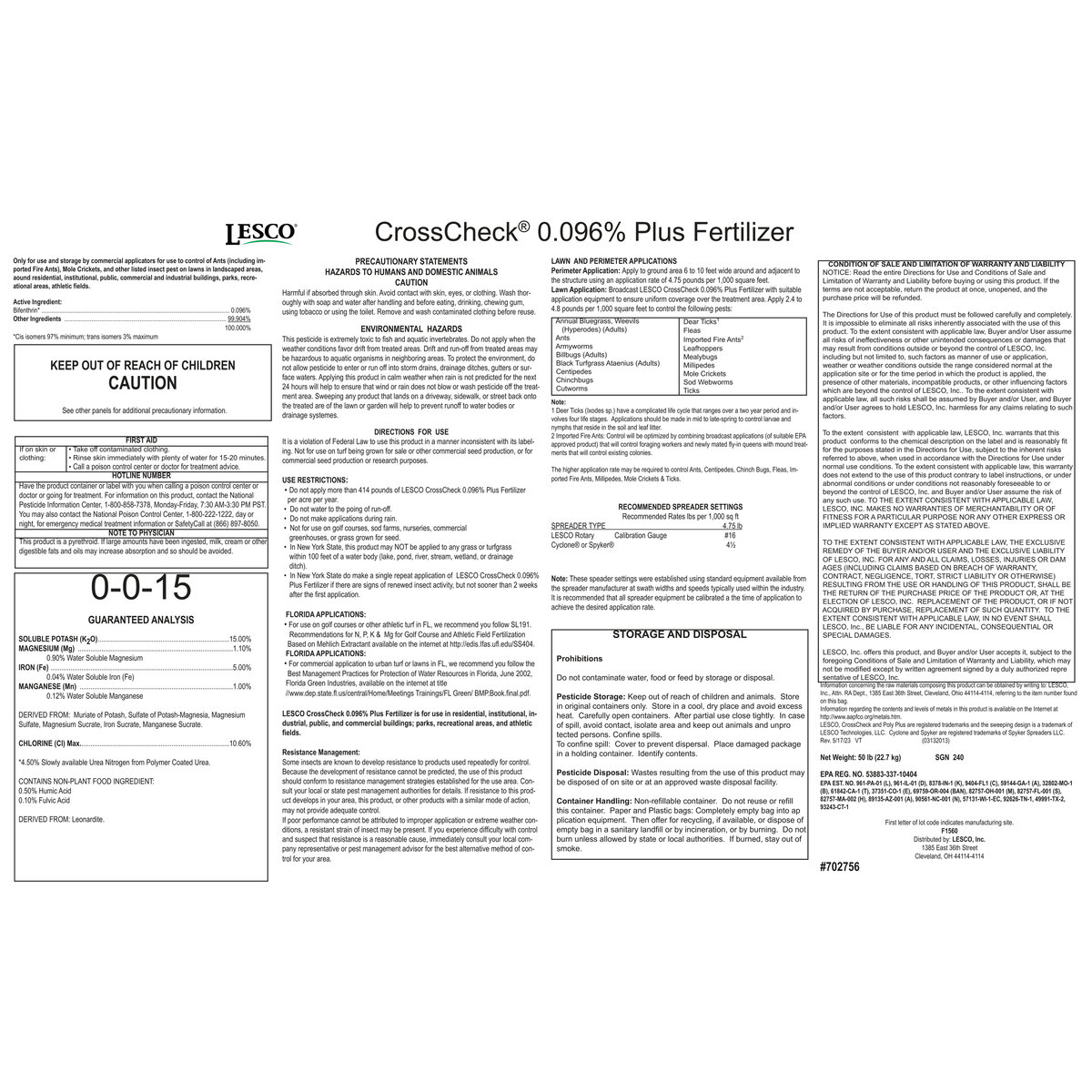 LESCO Crosscheck 0.096% 0-0-15 AM MOP Black Out micros 1.10%Mg 5% Fe 1% ...