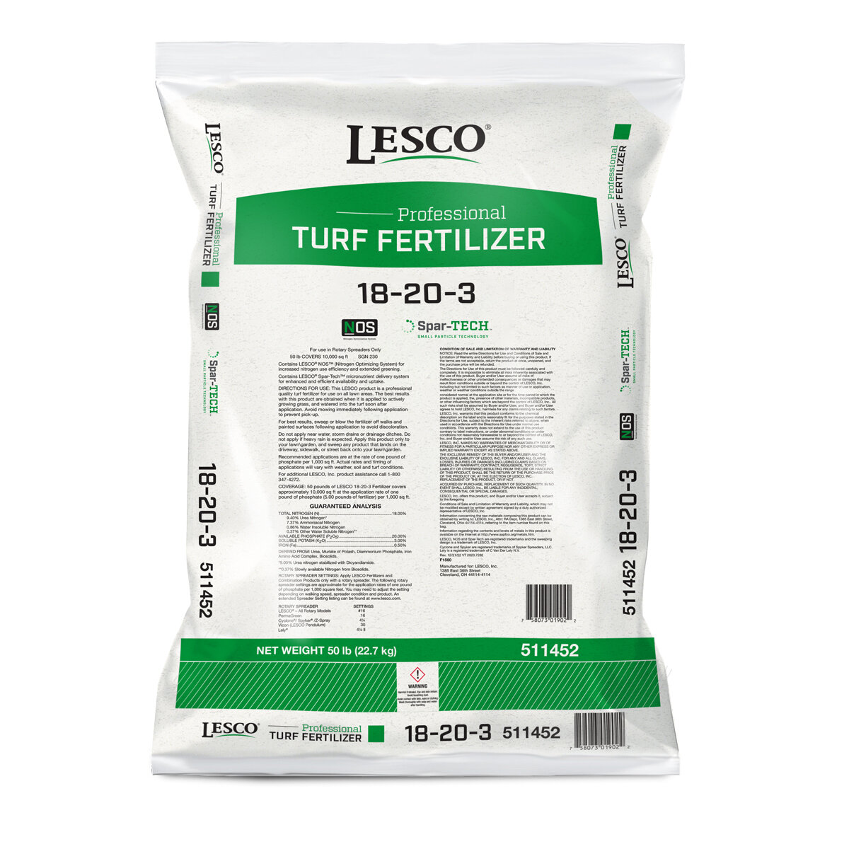 LESCO 18 20 3 50% NOS Spar TECH 0 5% Fe MOP Turfgrass Granular