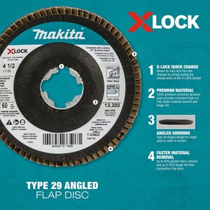 Makita X-LOCK 4‑1/2 in. Type 29 Angled Flap Disc, 60 Grit, 3/pk