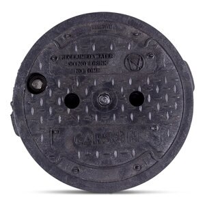 RECTANGULAR BLK BODY AND LID W/BOLT RECLAIMED WATER DO NOT DRNK ENGLISH AND SPANISH WITH INTERNATIONAL SYMBOL