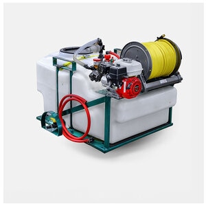 Rittenhouse 200 Gal Space Saver Sprayer AR403 Pump Honda Engine Hannay 12 Volt Power Reel, 300 ft. 1/2 in. Yellow Hose with LESCO Gun with 3 Nozzles