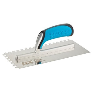 Ox Pro SST Square Notch Trowel - Ox Grip | Size: 11 in. x 4.75 in. / 280mm x 120mm | Square Notch: 1/2 in. x 1/2 in. x 1/2 in. / 12mm x 12mm x 12mm