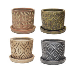 Carved Thai Cylinder Pot w/Saucer Earth Tones 7 in.