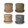 Carved Thai Cylinder Pot w/Saucer Earth Tones 7 in.